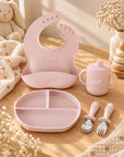 Coffret repas bébé rose avec bavoir personnalisé