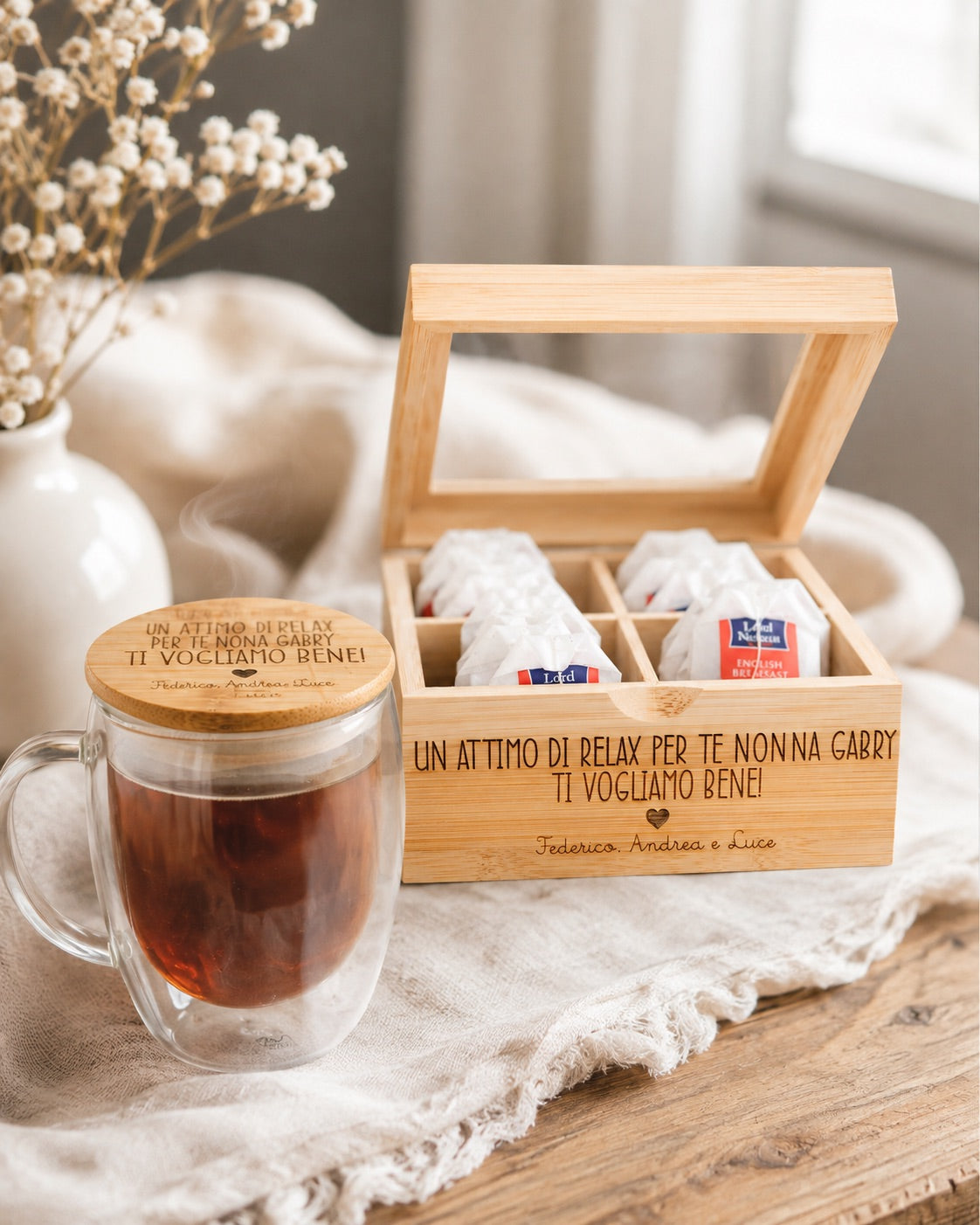 Coffret à Thé Personnalisé + Ensemble Tasses en Verre